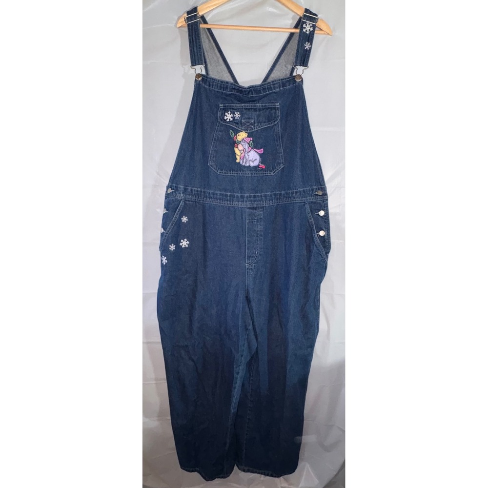 Vintage Disney Winnie the Pooh Eeyore Denim Overalls Blue Snowflake Embroidered